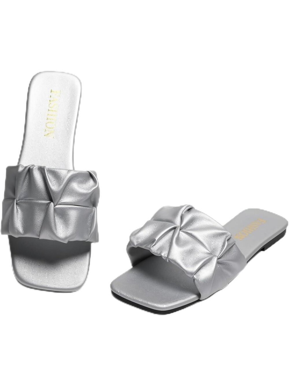 Women's Sliver Pleated Square Toe Slide Sandals Summer Trendy Wedding Flat Shoes